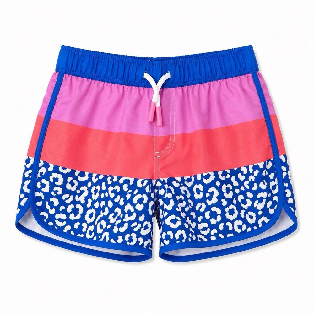 Mini Boden Swim Shorts Kids 8-9Y Blue Pink Animal Print Dolphin Hem Beach NWOT